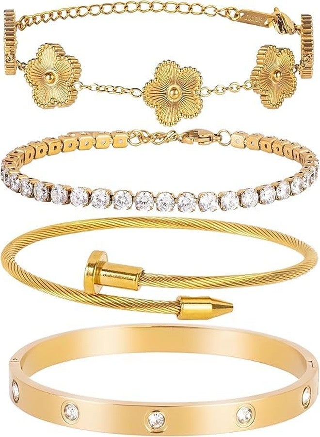 WEBUEP 18K Gold Plated Floral Bangle Bracelet Set for Women - Elegant Love Design (4-Piece) - Image 1